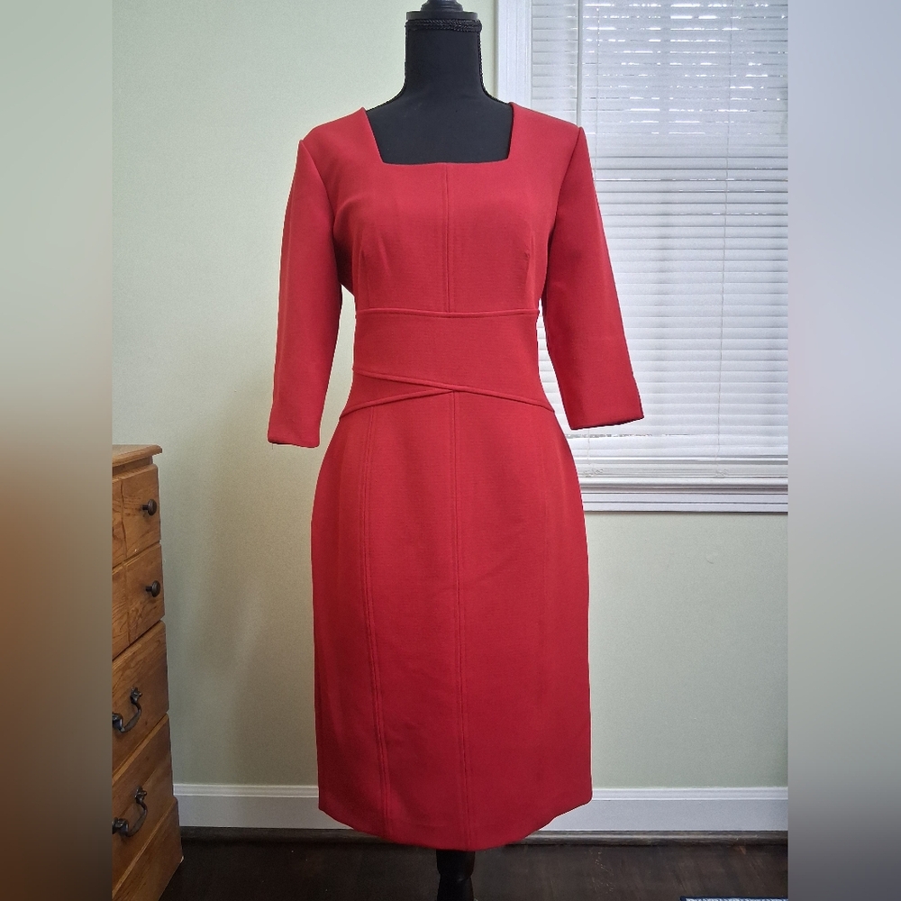 Donna Karan New York Red Midi Dress Square Neck 3/4 Sleeve Size 8
